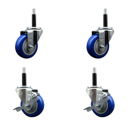 Service Caster 3.5'' SS Blue Poly Wheel Swivel 3/4'' Expanding Stem Caster Set 2 Brakes, 4PK SCC-SSEX20S3514-PPUB-BLUE-2-TLB-2-34